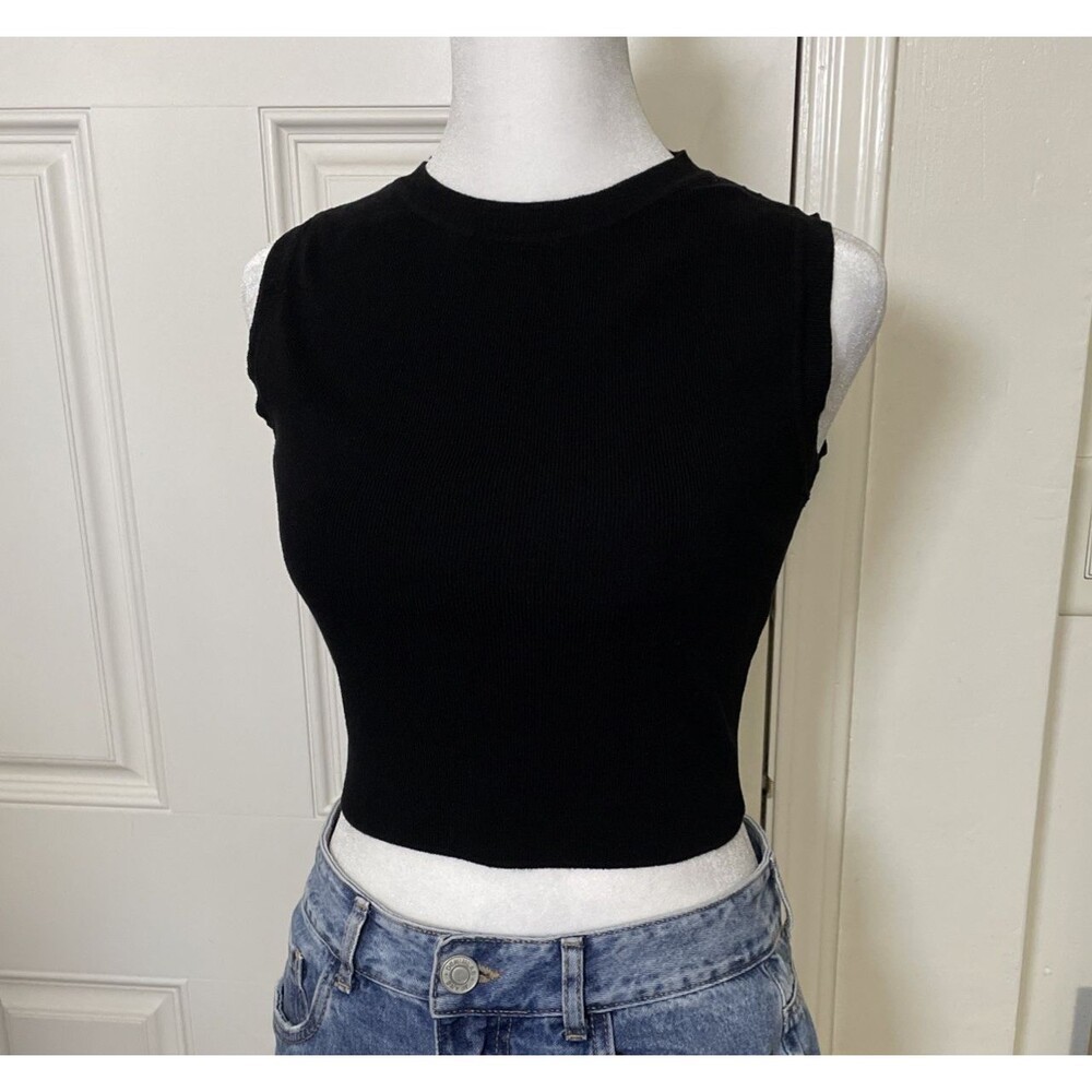 Zara Women's Black Sleeveless Ribbed Knit Crop Top Size Large Casual Minimalist